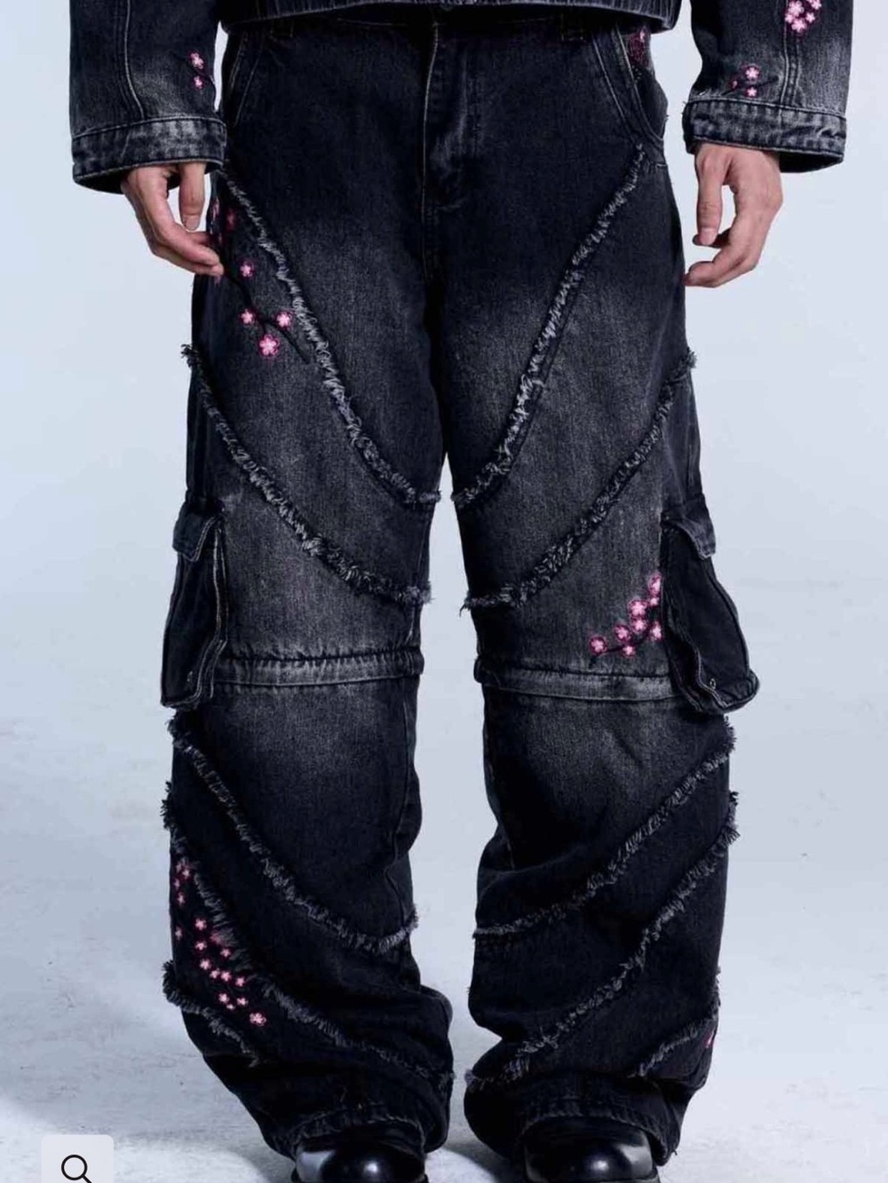 Unpractical Sakura Black Denim Pants with Pink Detail | Size L